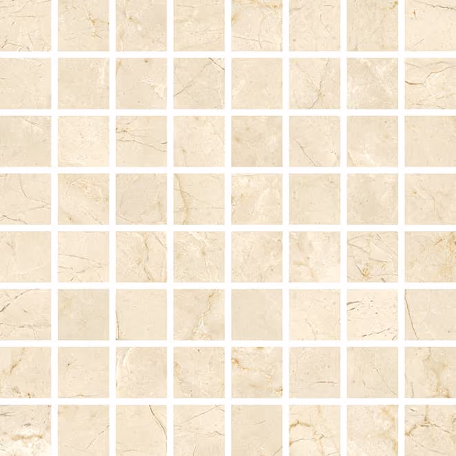 Beige marble mosaic tiles with subtle natural veins laid out in a grid pattern with white grout.