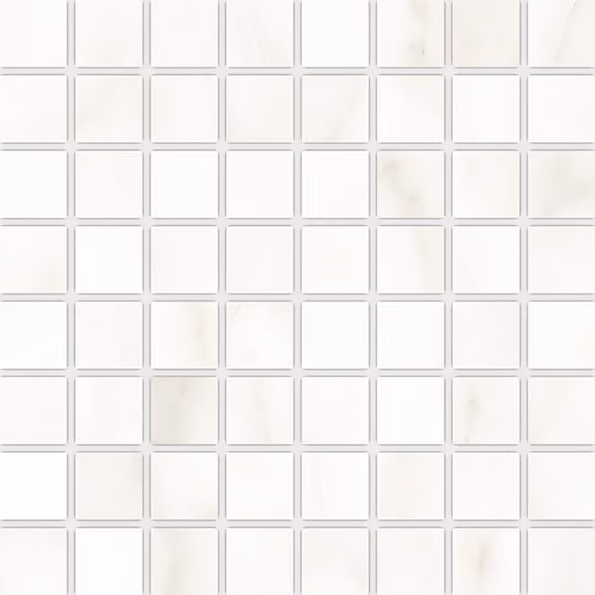 Grid of square white tiles with subtle light beige marbled patterns and grout lines.