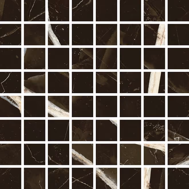 Grid of black marble tiles with white veins forming a mosaic pattern.