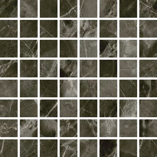 Grid of dark green marble tiles with white veins separated by white grout lines.
