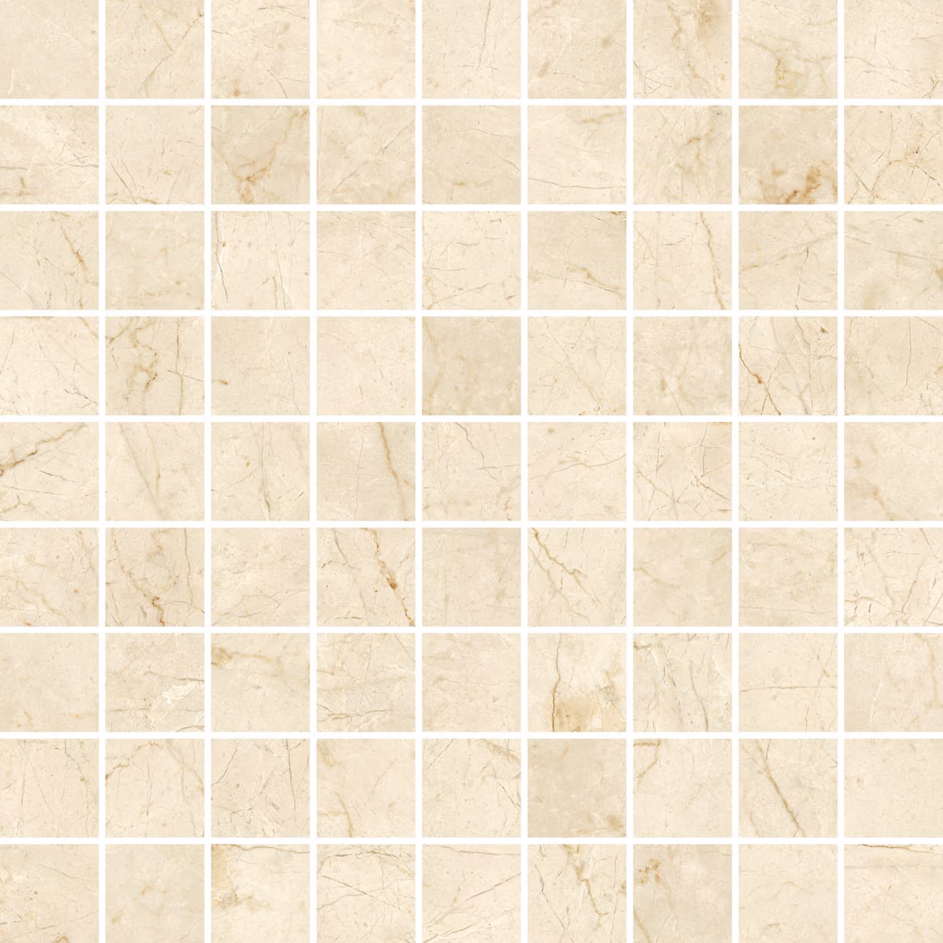 Light beige marble mosaic tiles with subtle veins and white grout in square grid pattern.