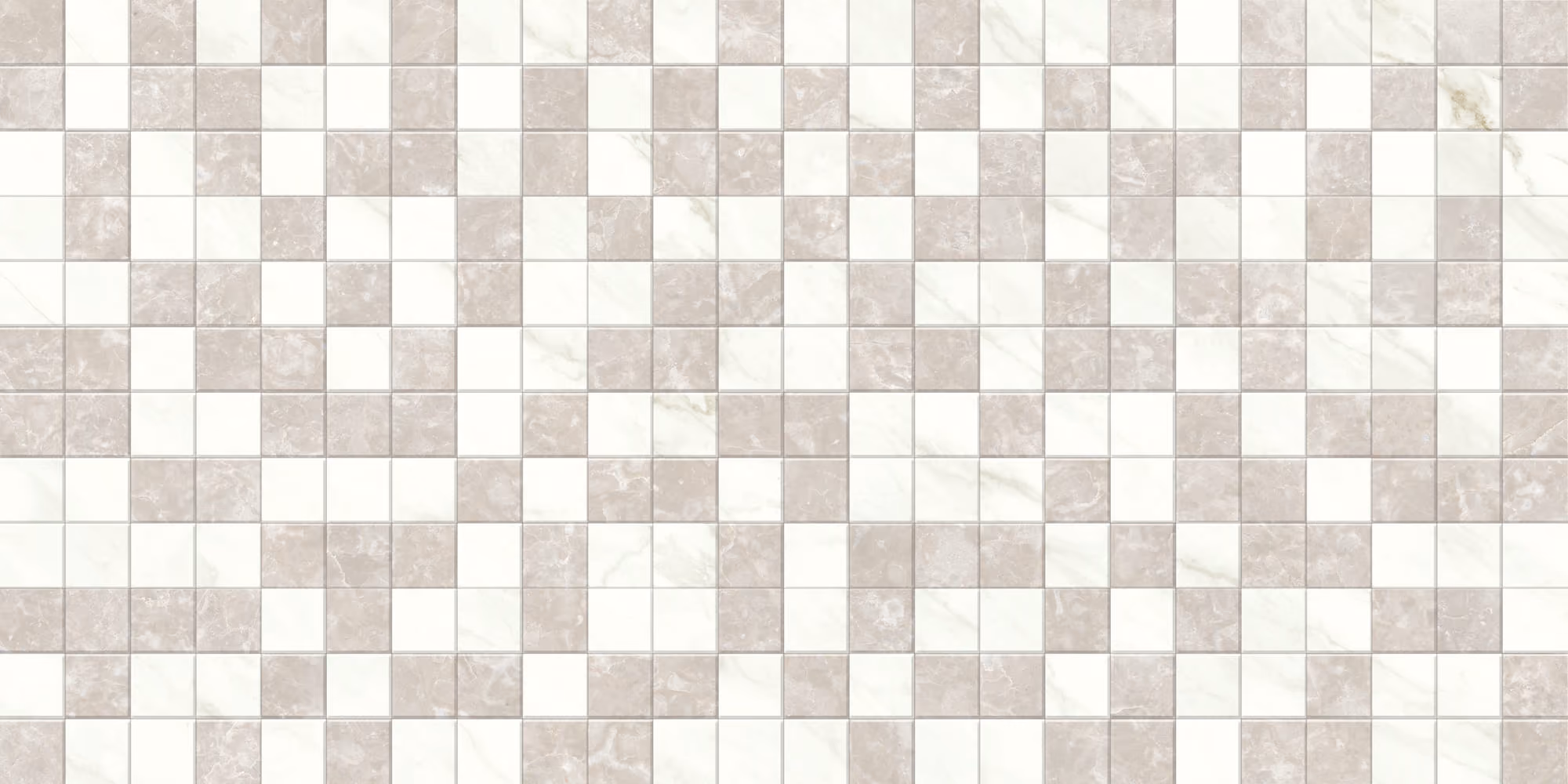 Wall covered with a pattern of small square beige and white marble tiles.
