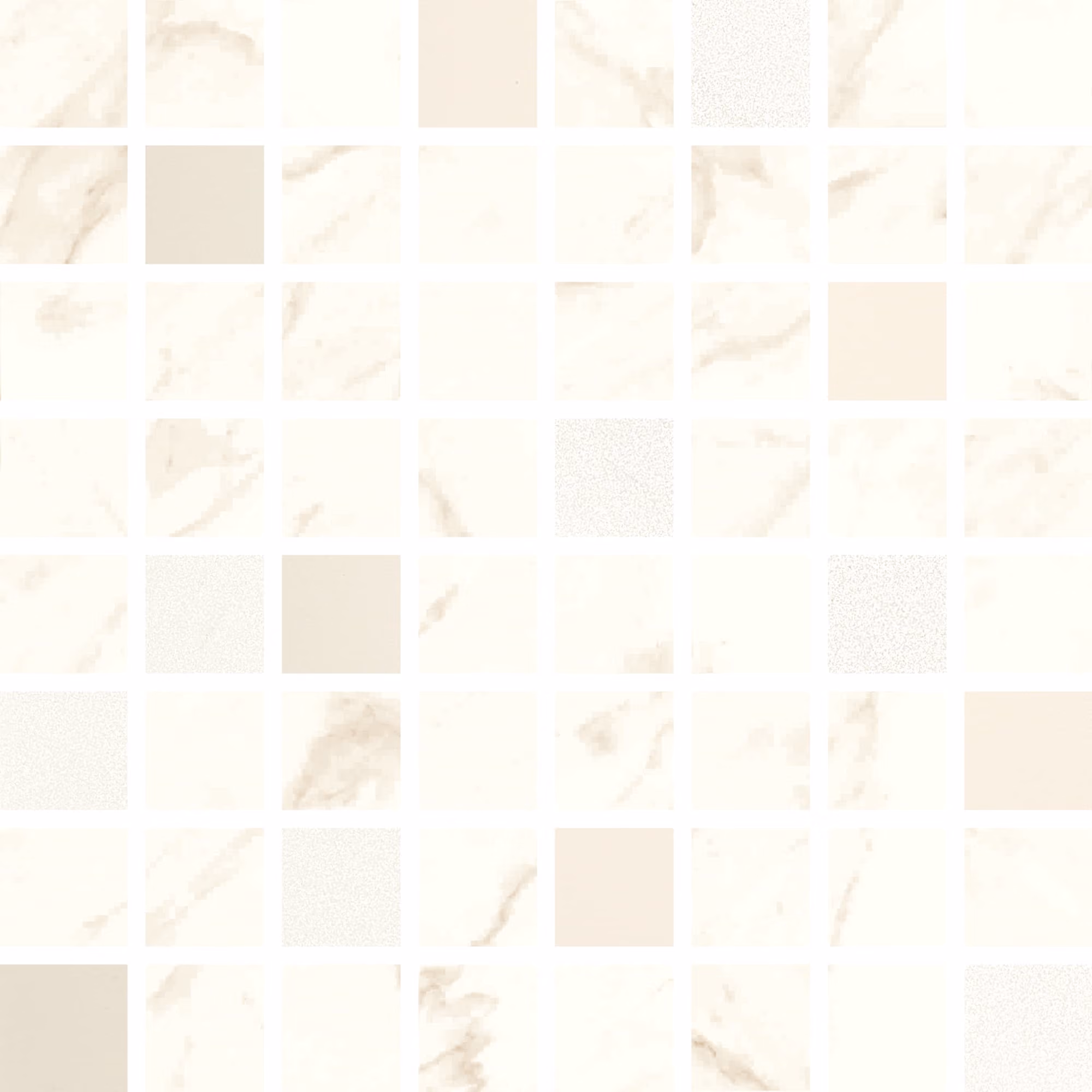 Grid of square white and beige marble tiles with subtle veining and some textured tile accents.