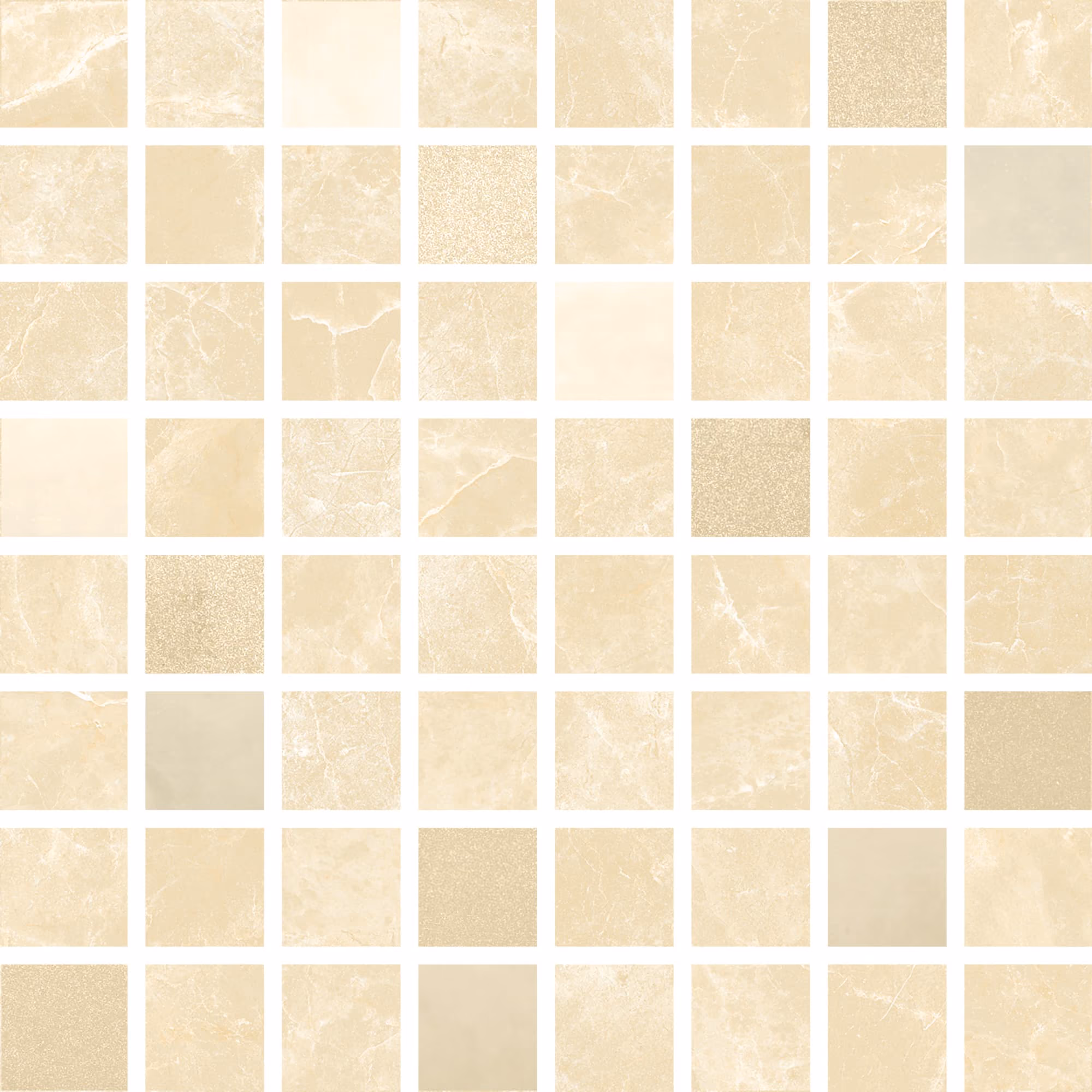 Grid of cream-colored marble tiles with varied natural veins and textures.