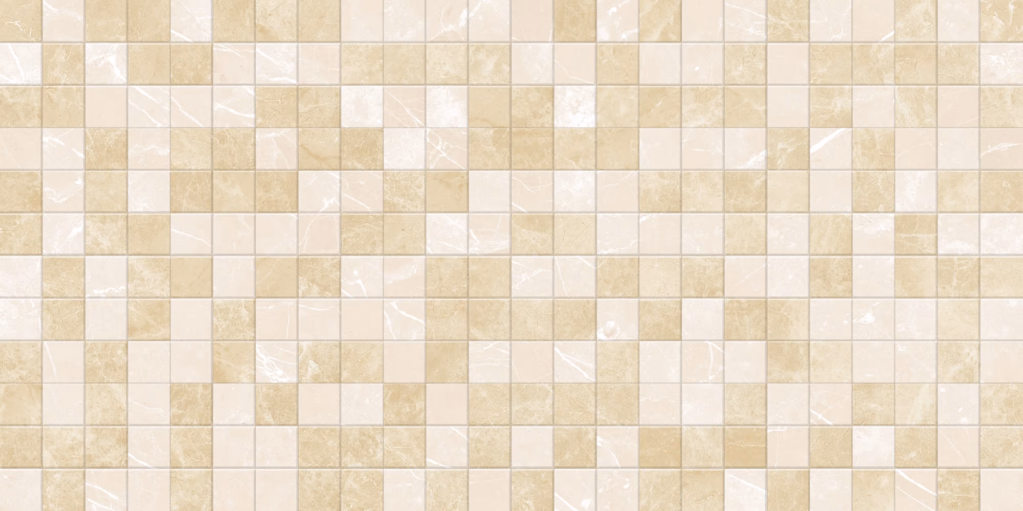 Wall covered with glossy beige and cream square tiles in a checkerboard pattern.
