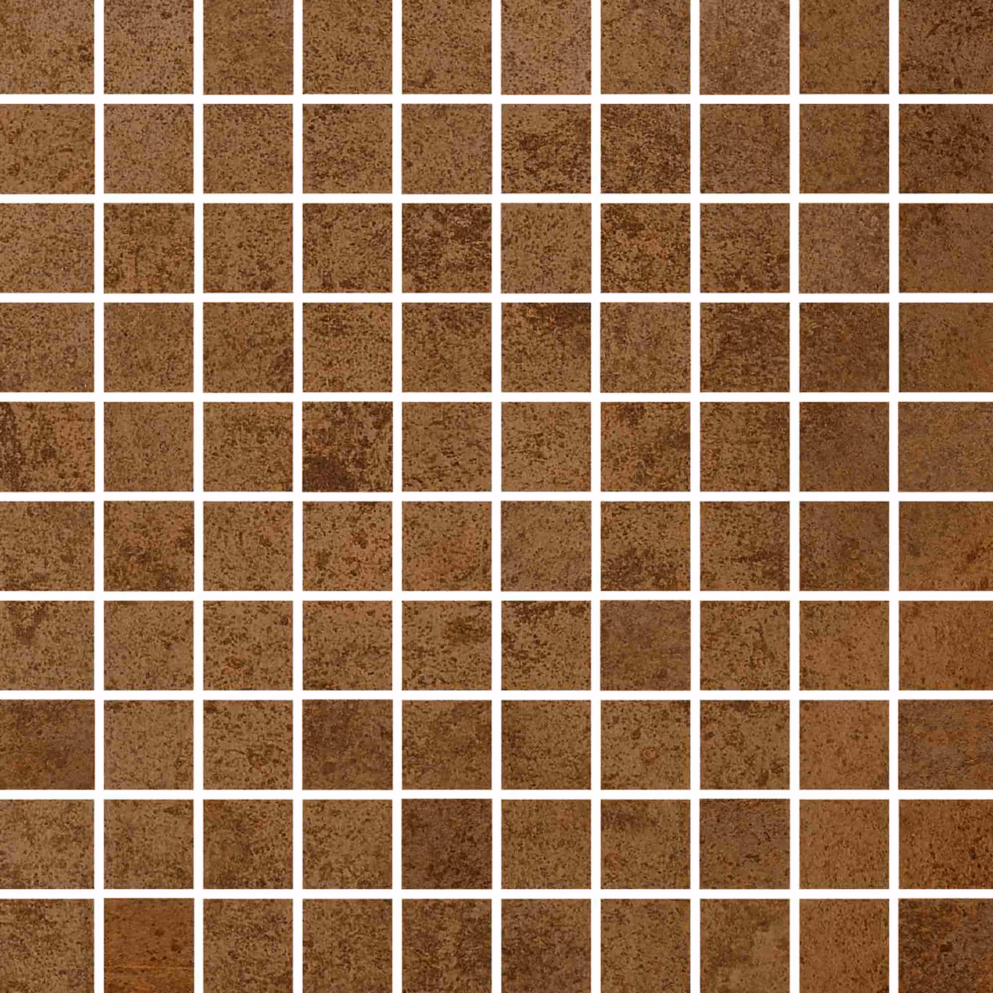 Grid of small square brown tiles with varying textures and shades, separated by white grout.
