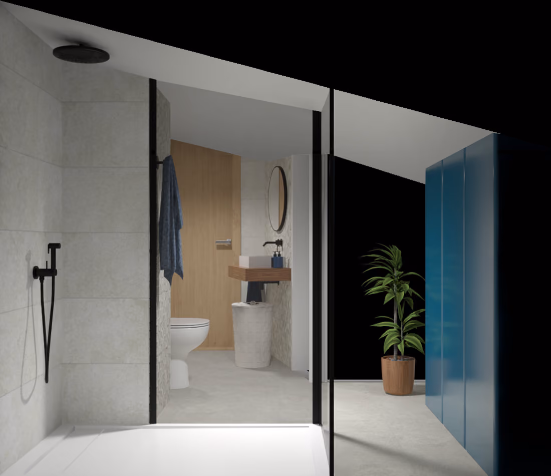 Modern bathroom with black shower fixtures, wooden door, round mirror, and a potted plant by a blue cabinet.