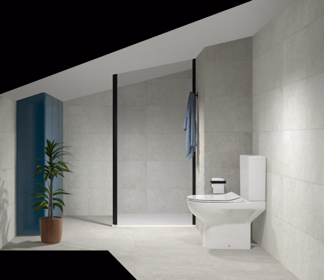 Modern bathroom with a white toilet, glass shower with black frame, and potted plant on tiled floor.