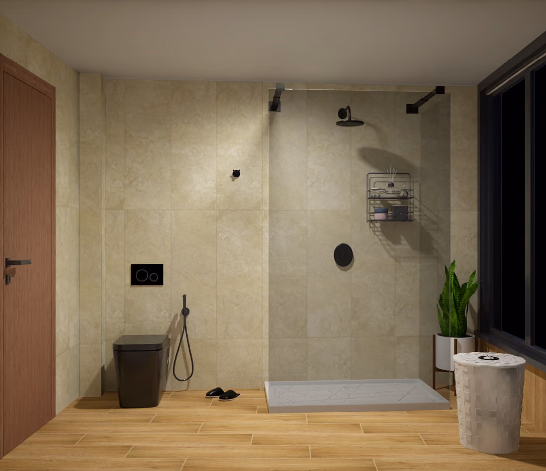 Modern bathroom with black toilet, glass shower, wooden floor, plant, and a laundry basket by window.
