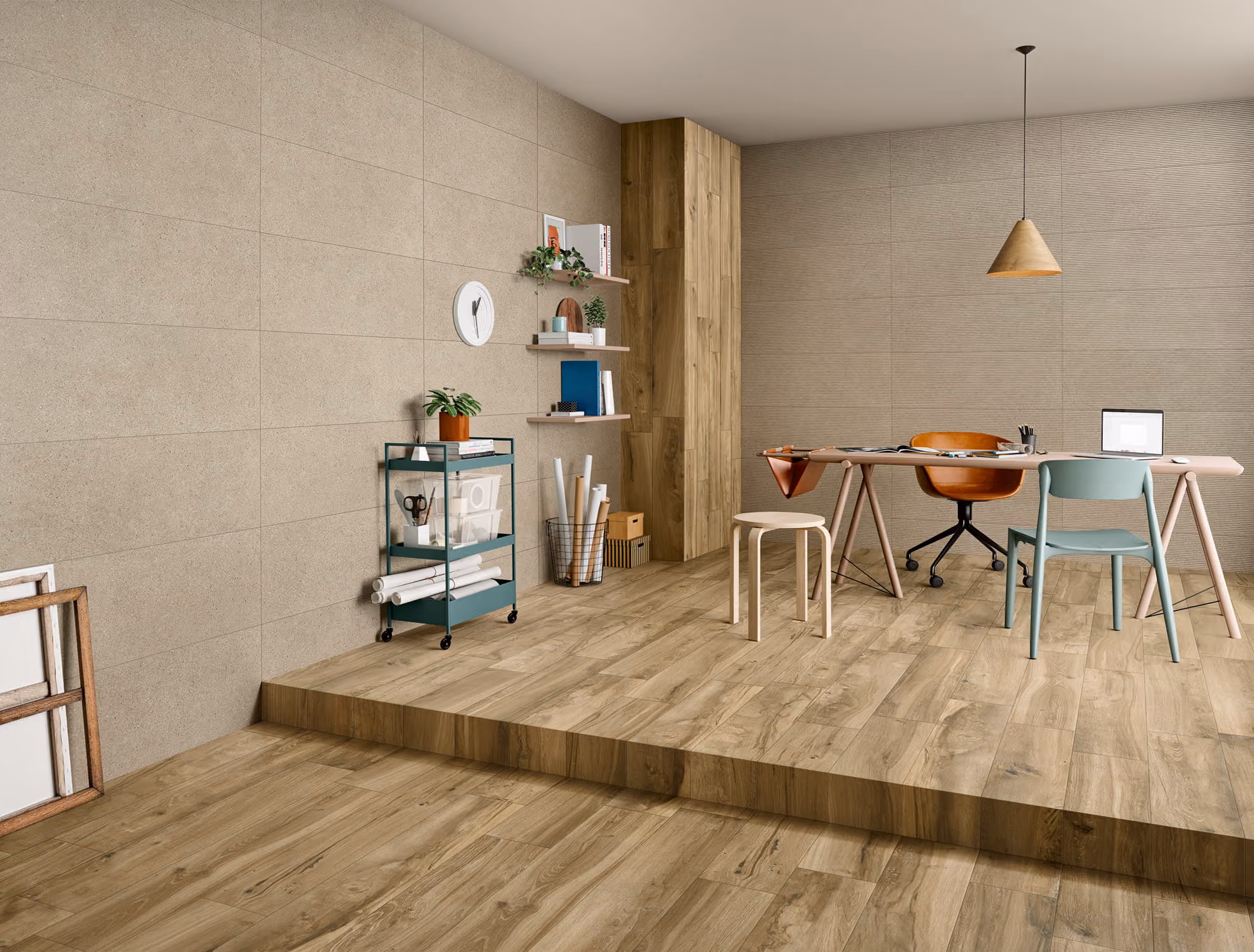 Modern office with raised wood floor, tan walls, desk with chairs, shelves, and a rolling cart.