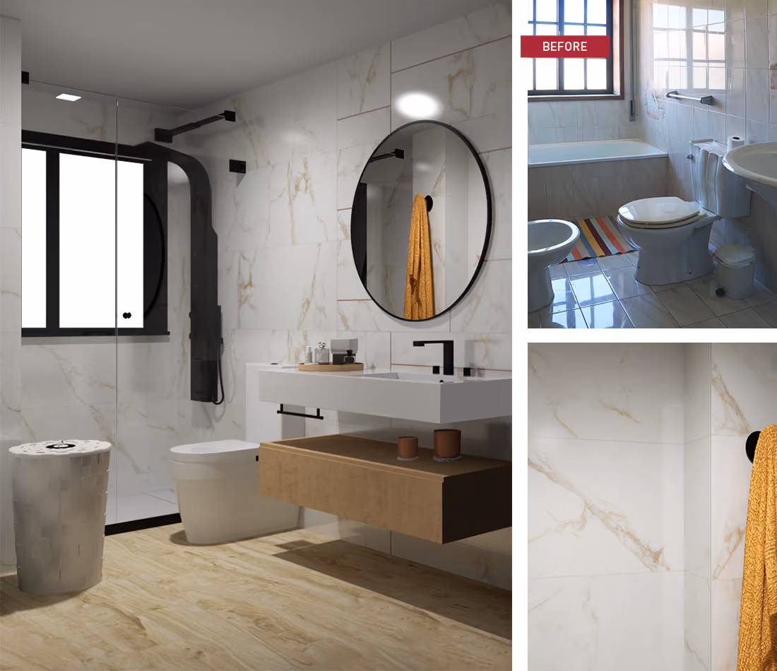 Modern bathroom with wooden floor, wall-mounted sink, round mirror, and glass shower with black frame.
