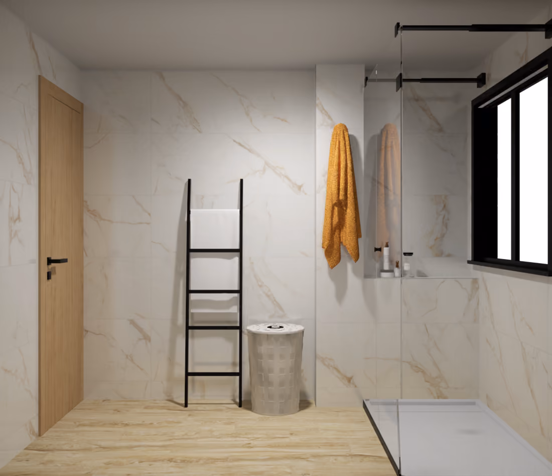 Minimalist bathroom with marble walls, wooden door, black towel ladder, laundry basket, yellow towel, and glass shower.