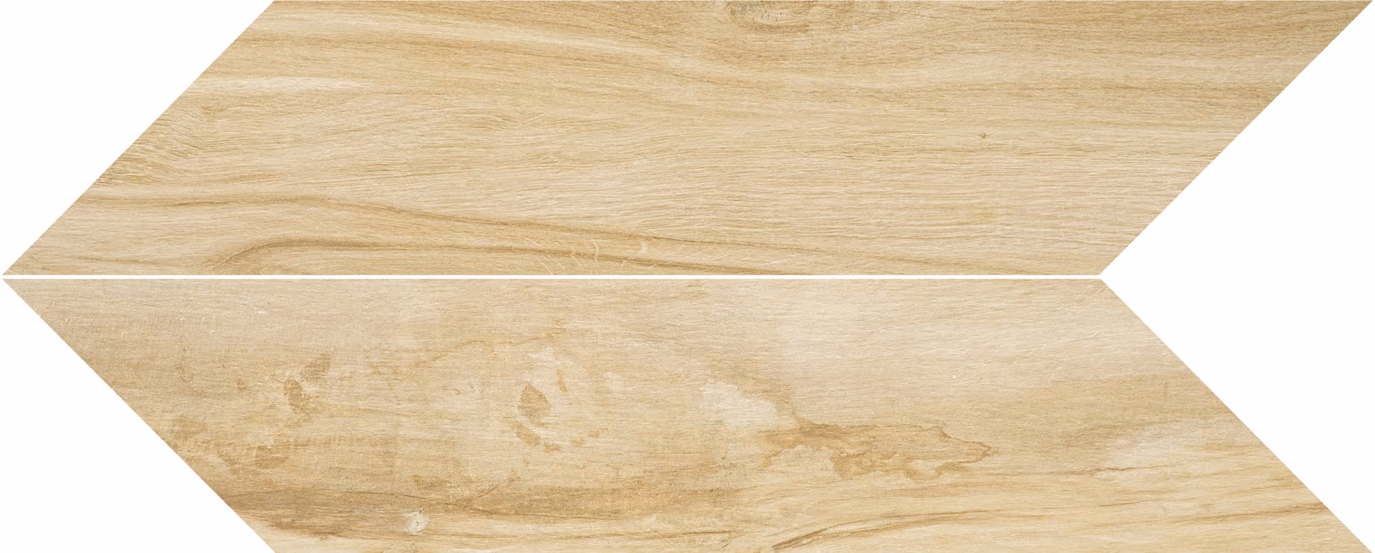Two beige chevron-shaped wooden tiles with natural wood grain patterns.