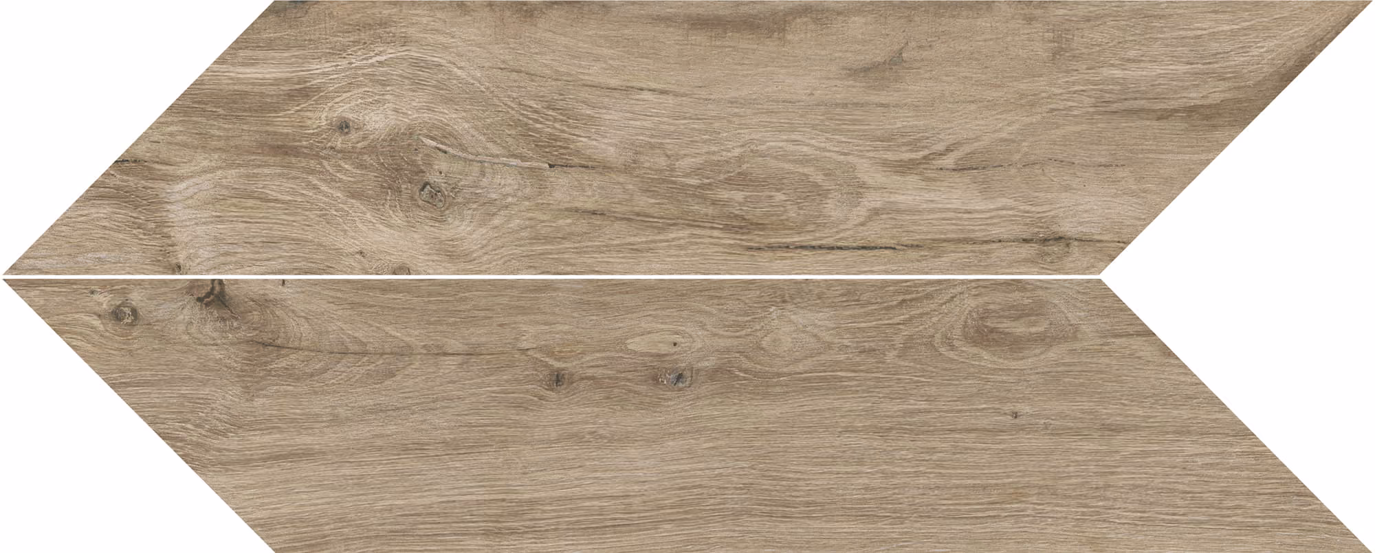 Two chevron-shaped wooden planks with natural knots and grain patterns in light brown tones.