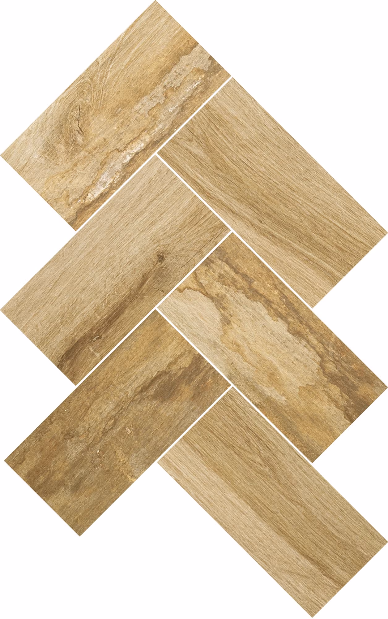 Arrangement of six beige wooden floor tiles with varied wood grain patterns in a herringbone style.