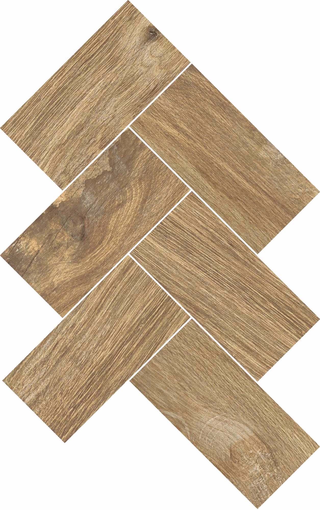 Six wooden tiles with natural grain arranged in a herringbone pattern on white background.