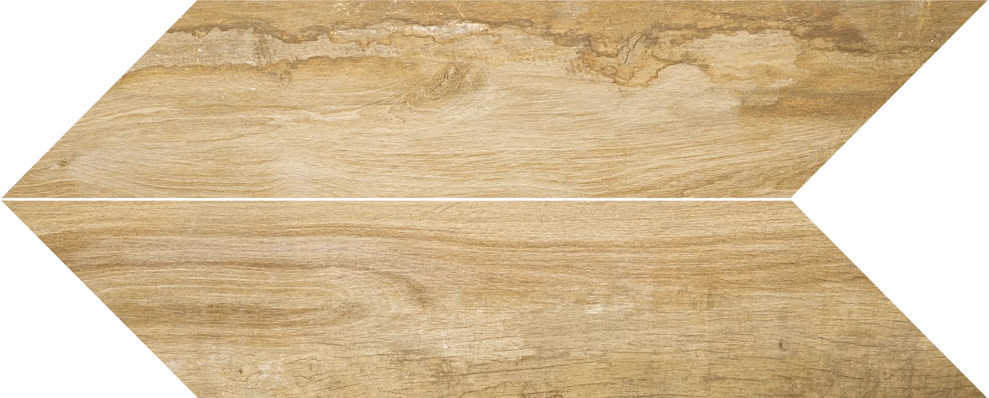 Wood-textured beige chevron pattern tile with natural grain and knots.