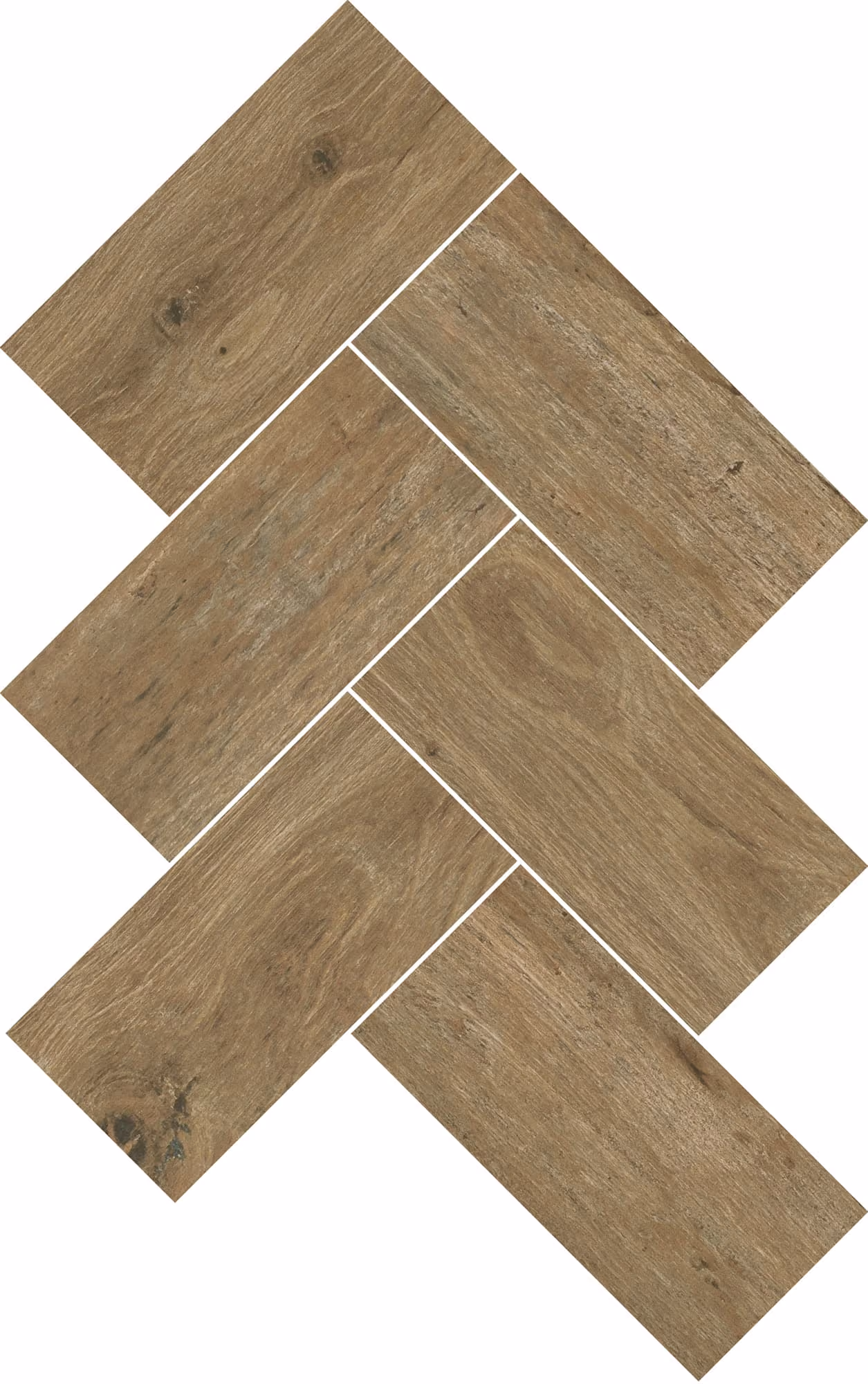 Brown wooden tiles arranged in a herringbone pattern showing natural wood grain and knots.