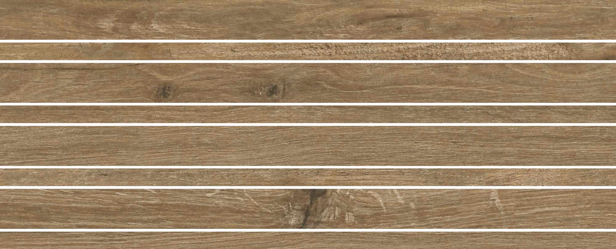 Brown wooden planks with natural grain and knots arranged horizontally with white gaps.