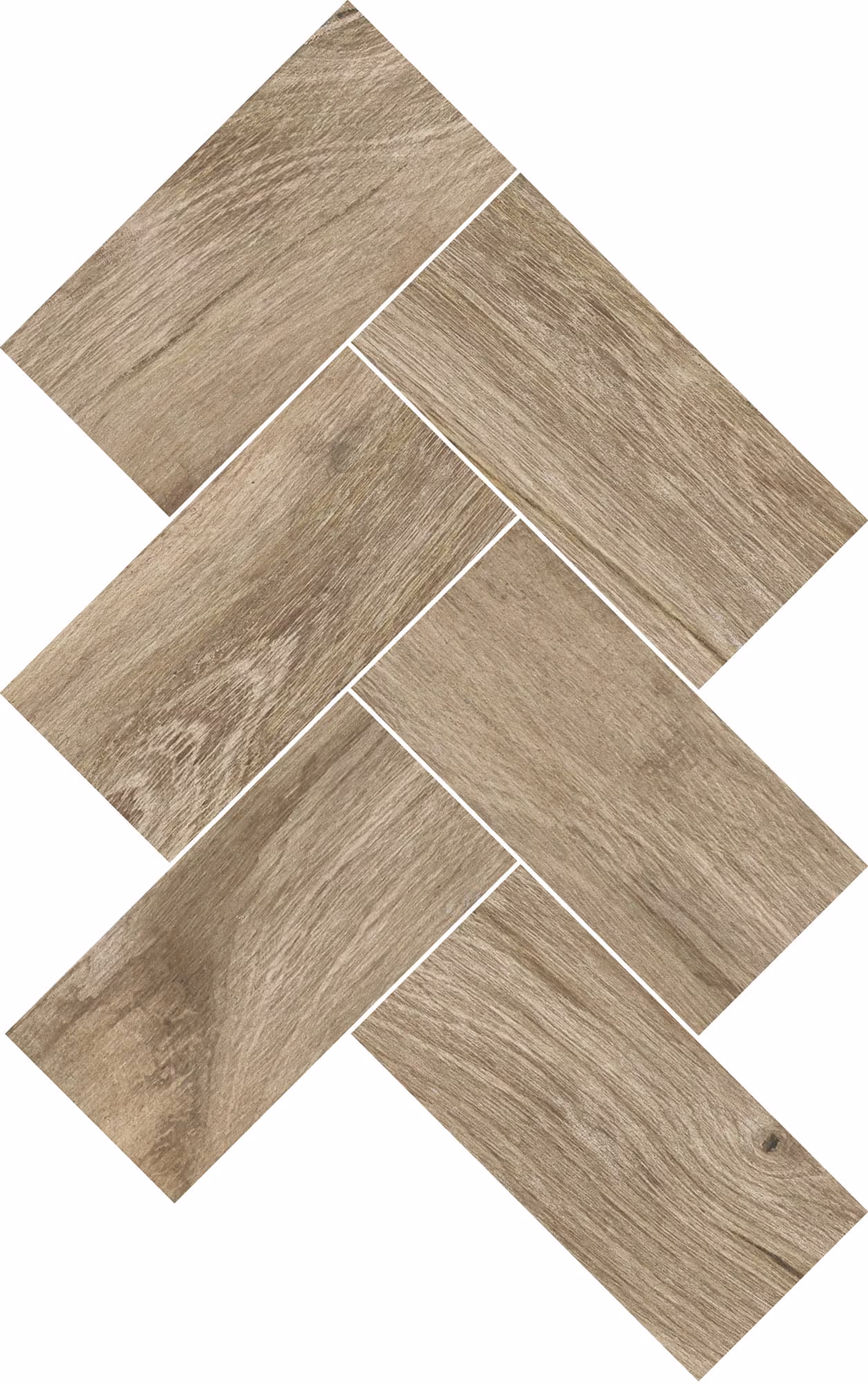 Light brown wood-textured rectangular tiles arranged in a herringbone pattern on white background.