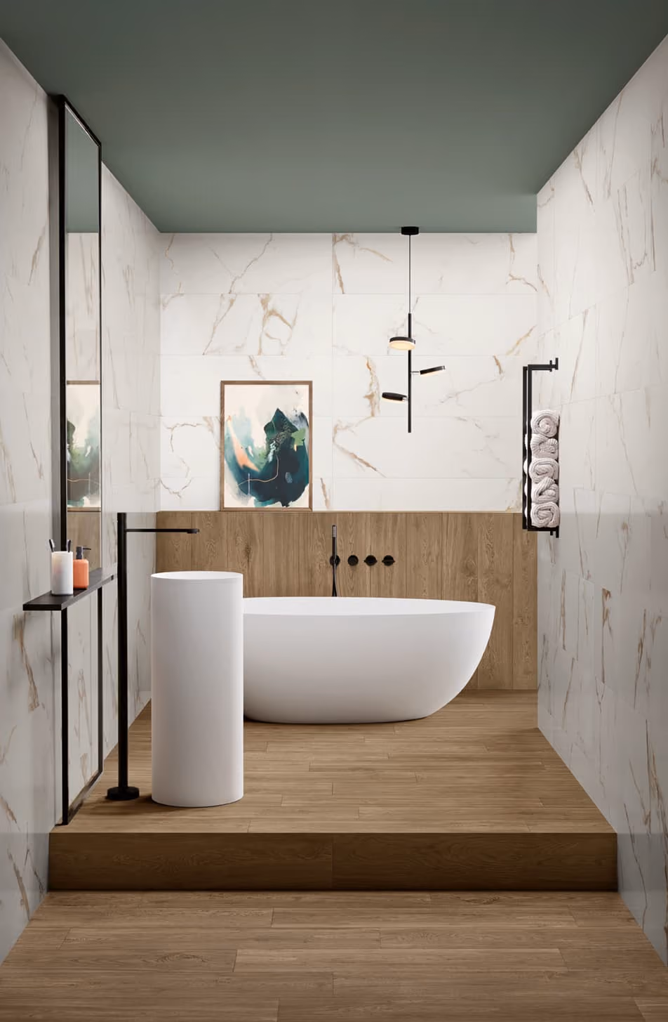 Modern bathroom with white freestanding tub, wood flooring, marble walls, and black fixtures.