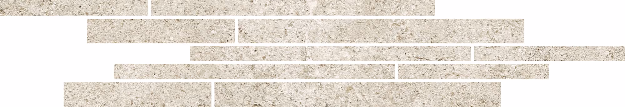 Pattern of light gray rectangular stone tiles with a rough texture on a white background.