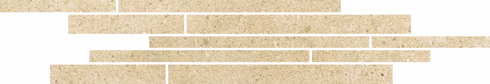 Uneven beige stone brick wall tiles arranged in a staggered pattern.