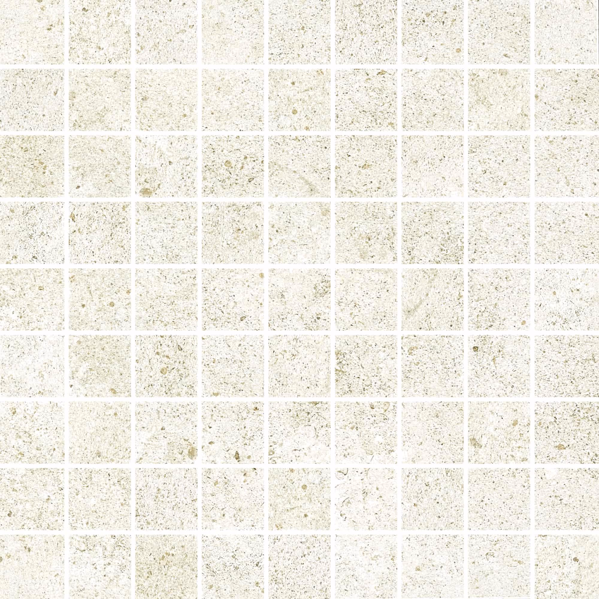 Close-up of a white mosaic tile pattern with subtle beige and gray speckles in a grid layout.
