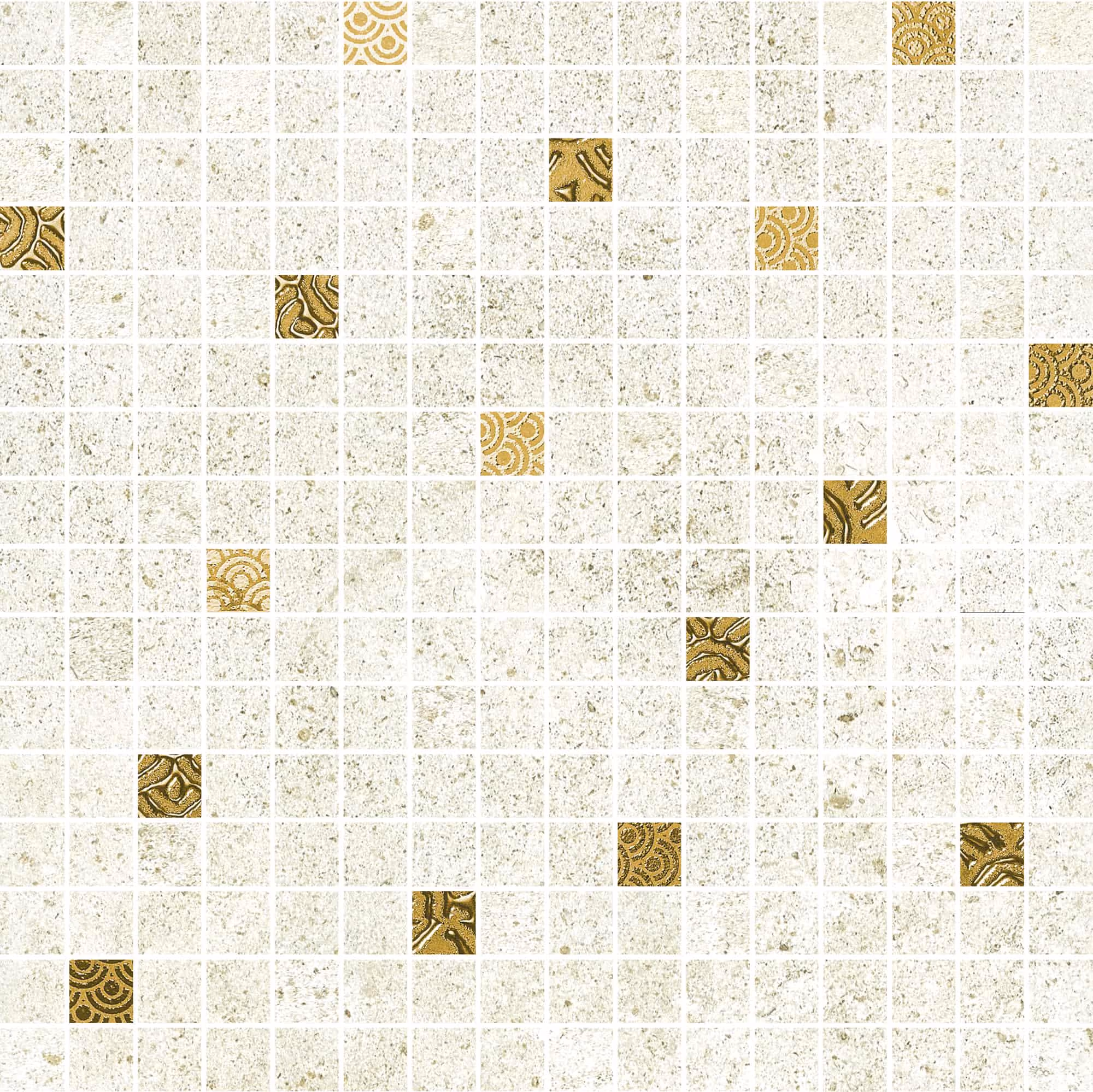 White mosaic tiles with scattered gold decorative tiles featuring abstract patterns.