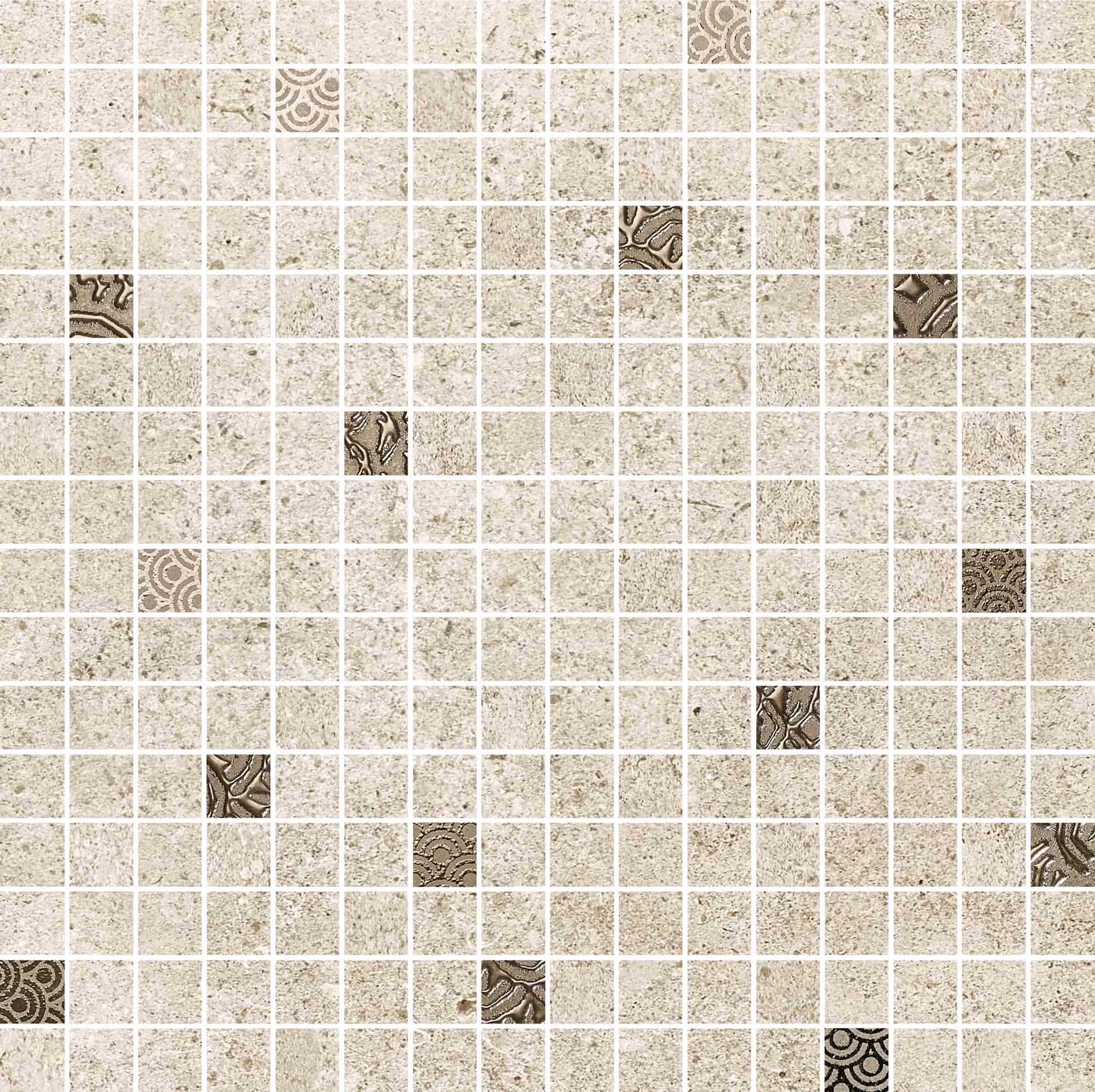 Beige mosaic tile pattern with randomly placed dark decorative tiles featuring abstract designs.
