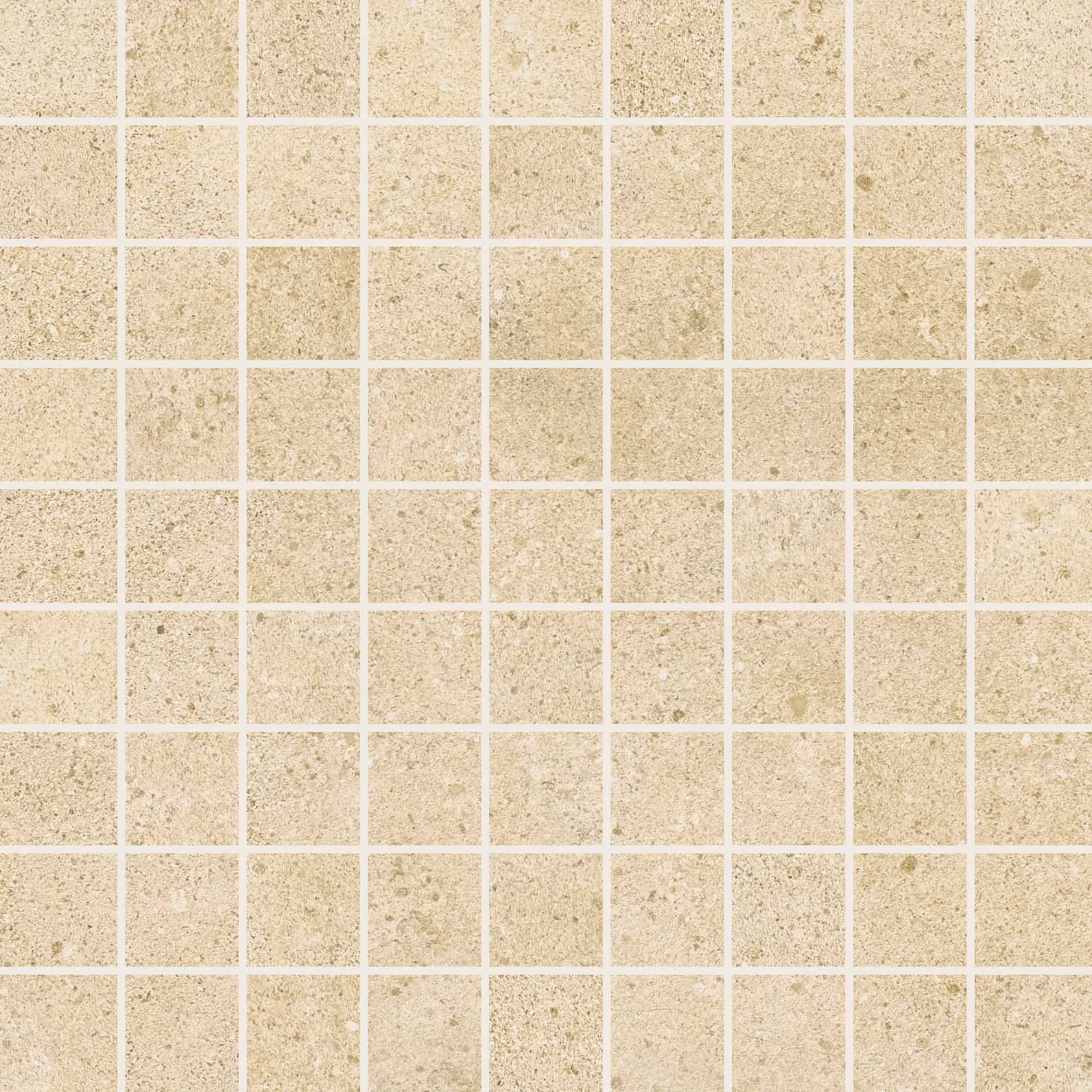 Beige mosaic tile pattern with small square tiles separated by white grout.