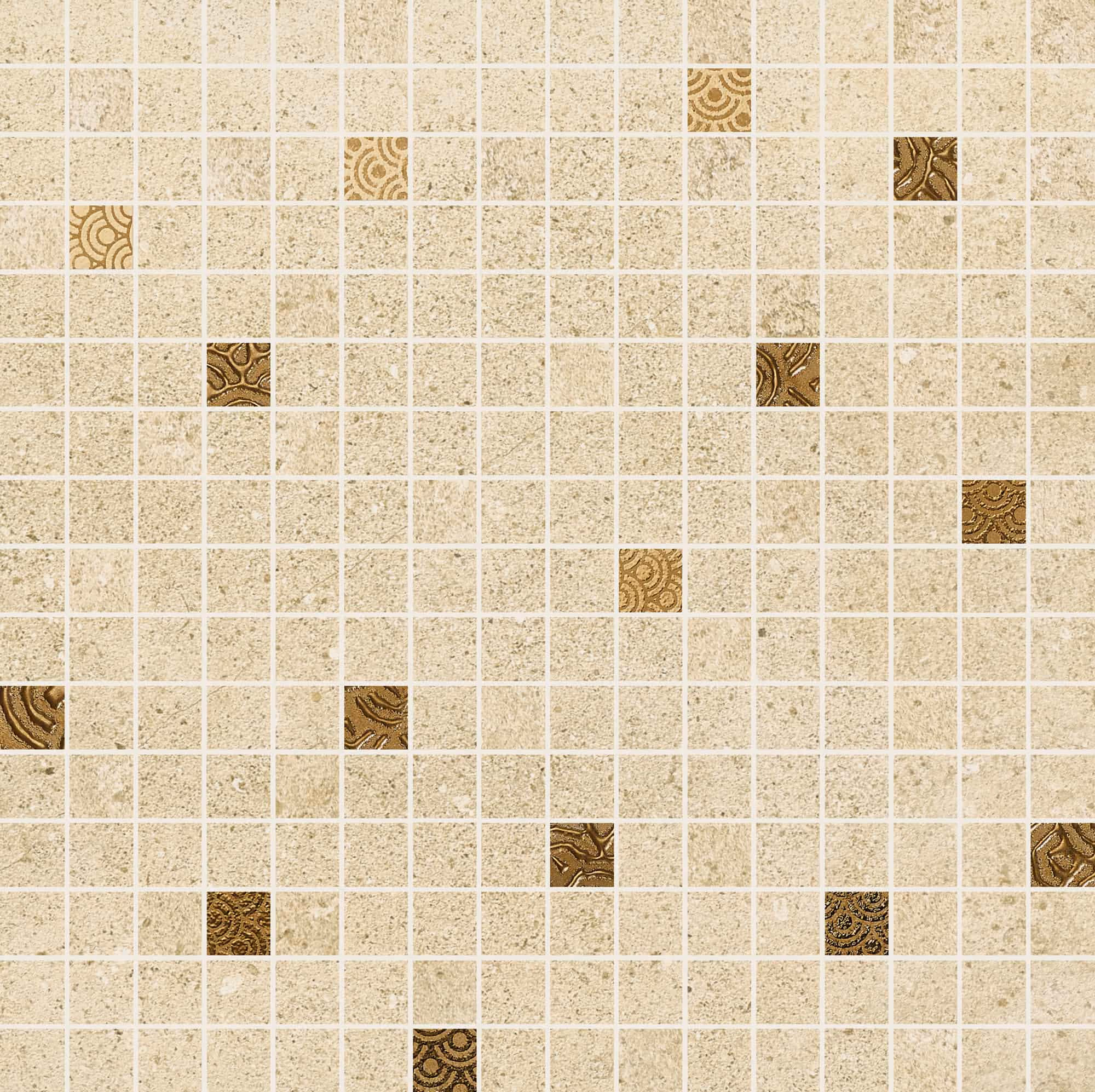 Beige mosaic tile pattern with small speckled squares and scattered darker embossed brown tiles.