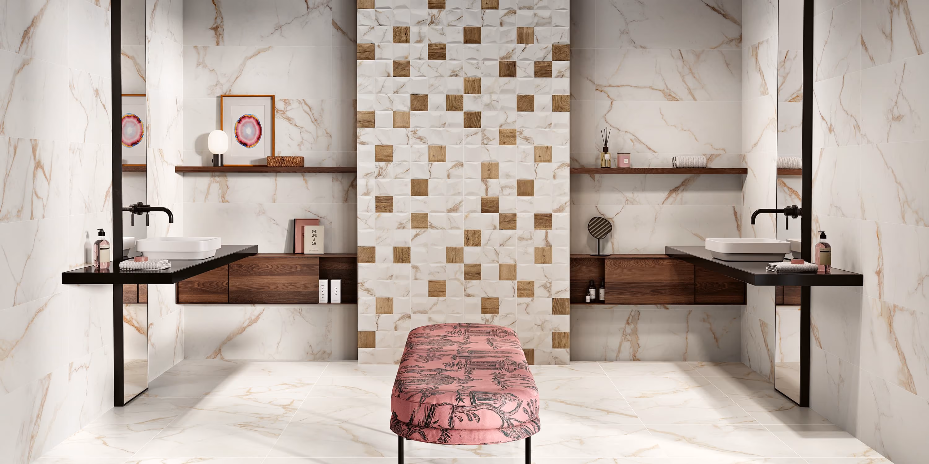 Modern bathroom with dual black floating sinks, wood shelves, marble walls, and pink cushioned bench.