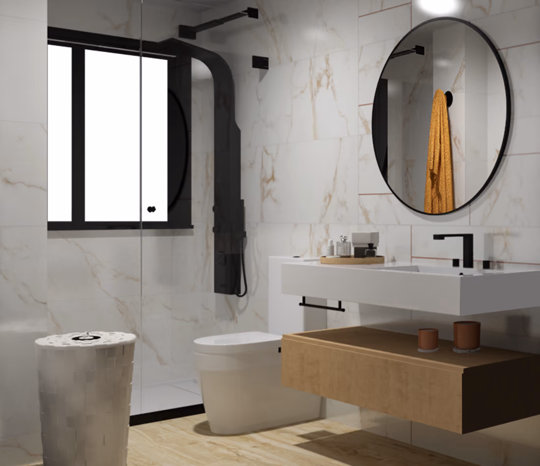 Modern bathroom with white tiles, floating sink, round mirror, black fixtures, and wooden floor.