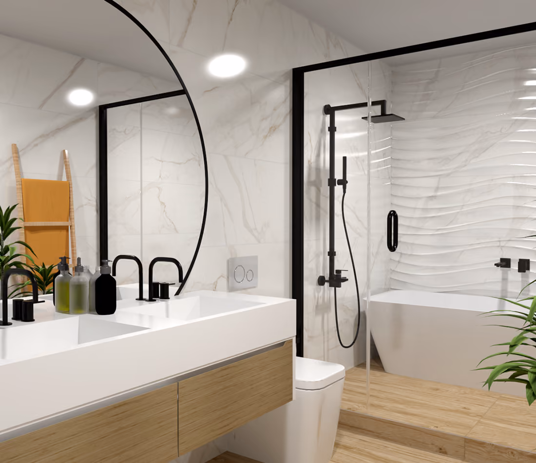 Modern bathroom with double sink, large round mirror, black fixtures, shower, bathtub, and wooden floor.
