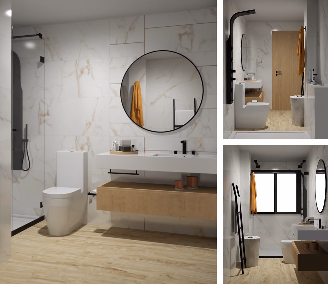 Modern bathroom with round mirror, white toilet, wood floor, and glass shower enclosure.