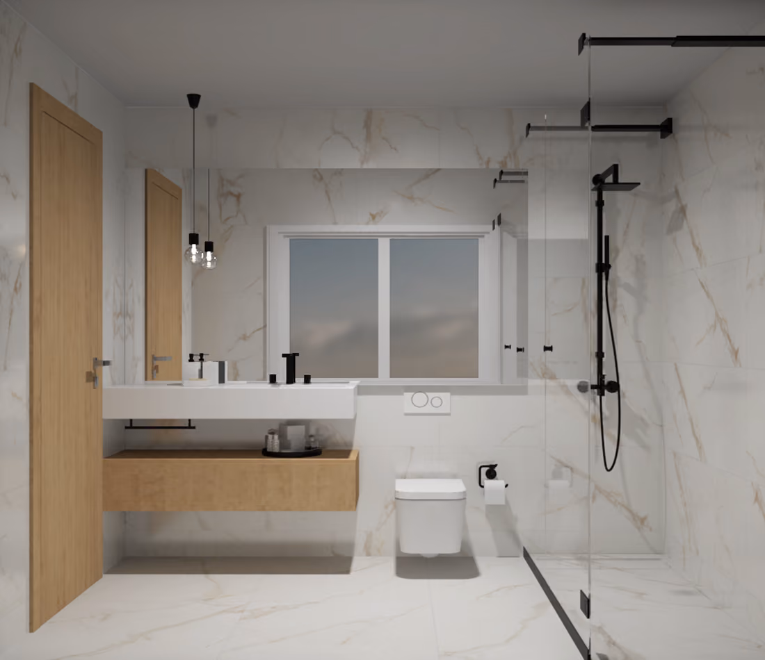 Modern bathroom with white marble walls and floors, black fixtures, floating sink, and glass shower.