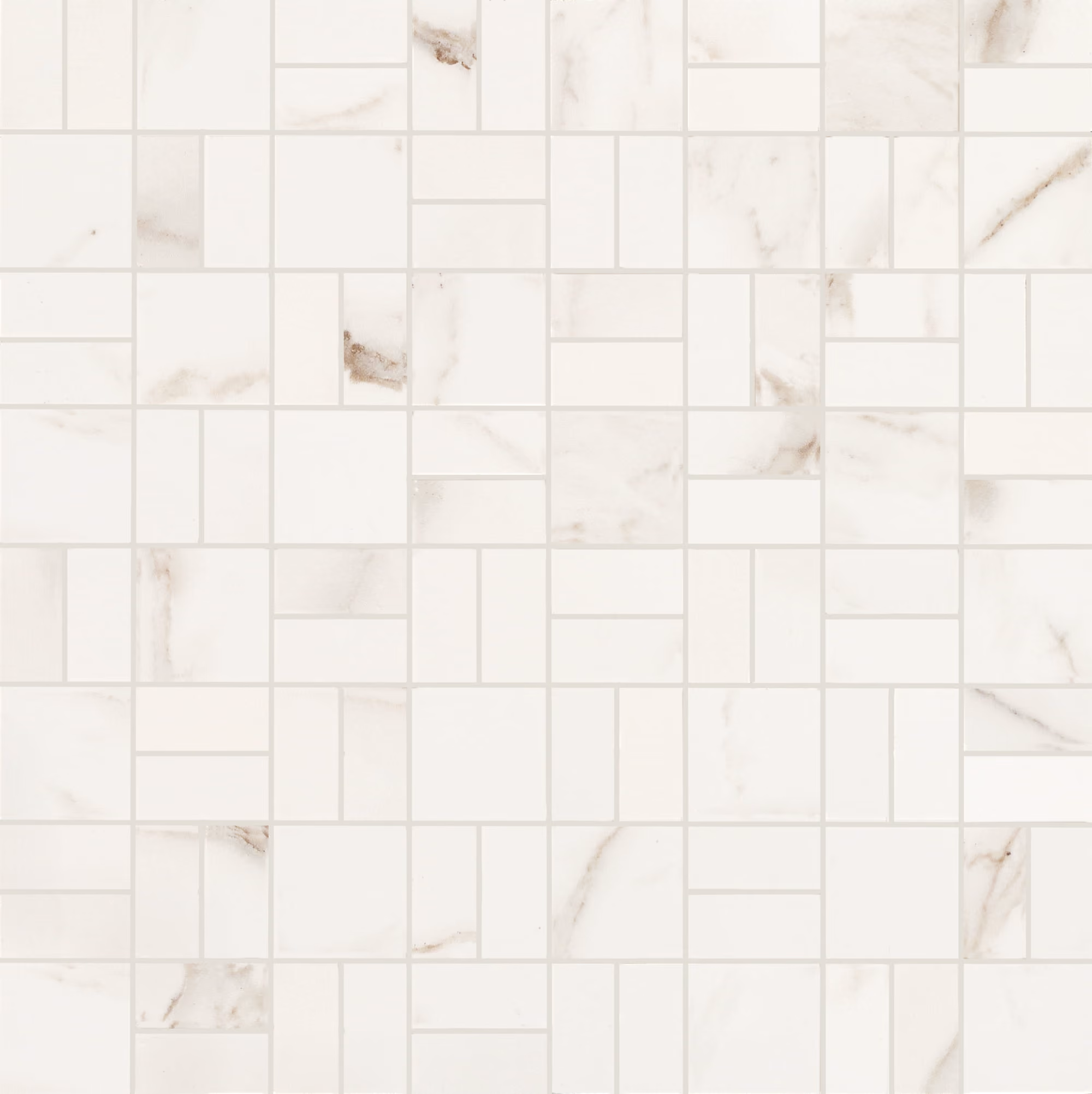 White marble mosaic tile pattern with varying rectangular and square shapes and subtle brown veining.