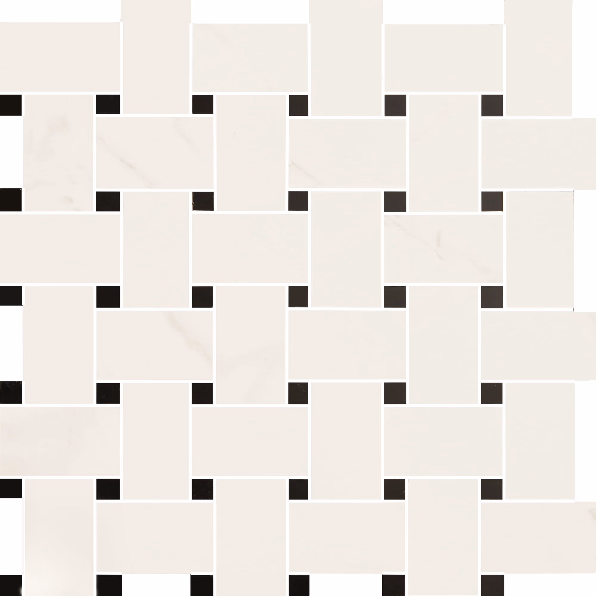 Interwoven pattern of cream rectangular tiles with small black square tiles at the corners.