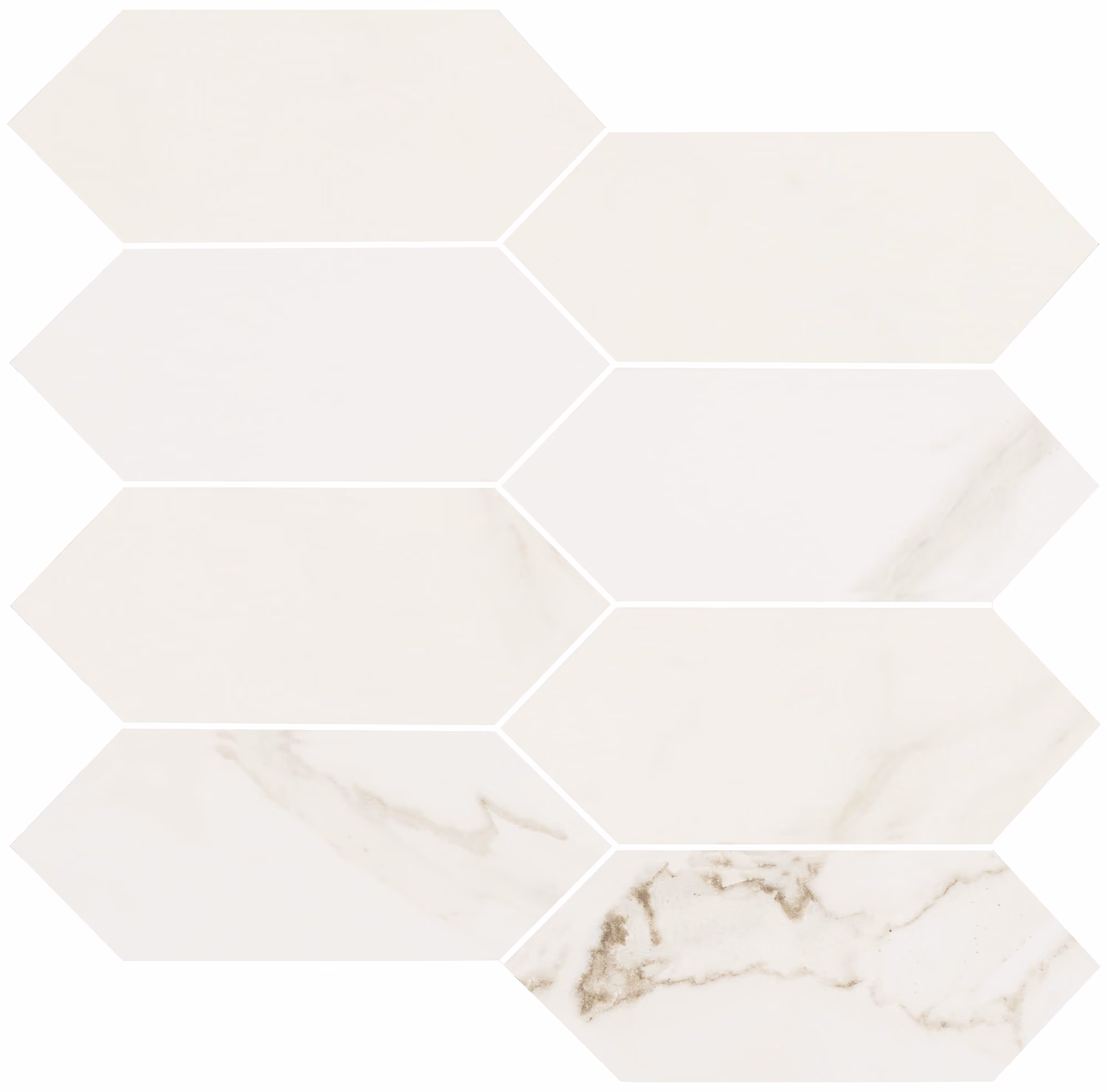Hexagonal white marble tiles with subtle gray and beige veining in a mosaic pattern.