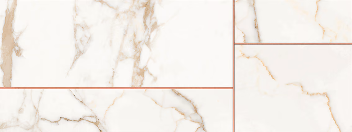 Large white marble tiles with gold and beige veining arranged in a grid pattern.
