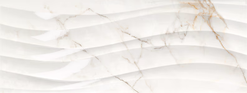 White marble surface with grey and gold veining and a textured wavy pattern.