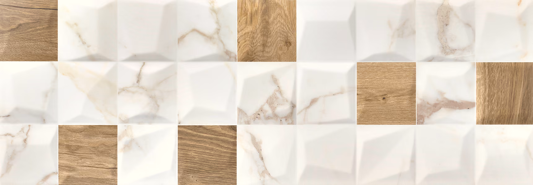 Wall tiles with alternating wood grain and white marble textures in a geometric pattern.