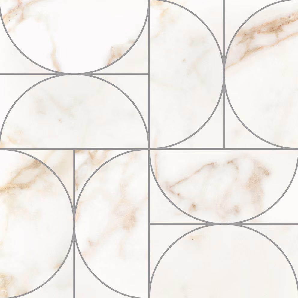White marble tiles with grey grout lines forming geometric shapes like circles and semicircles.
