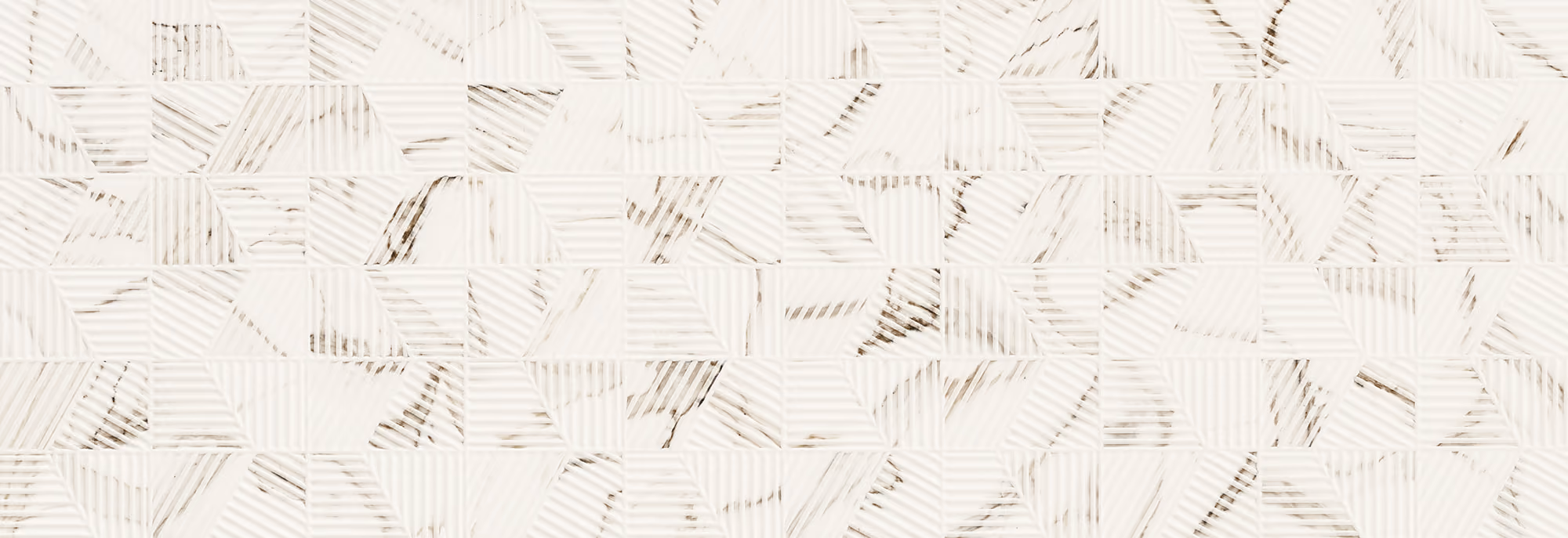 White textured tiles with geometric patterns and subtle beige streaks arranged in a grid.