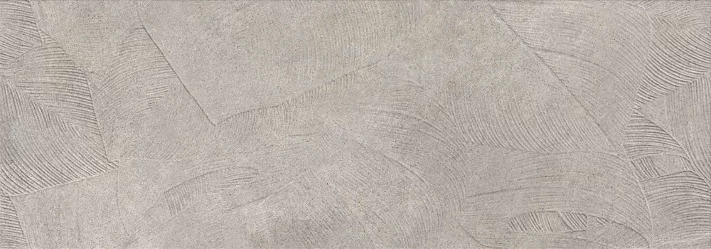 Textured grey surface with overlapping curved and straight brushstroke patterns.