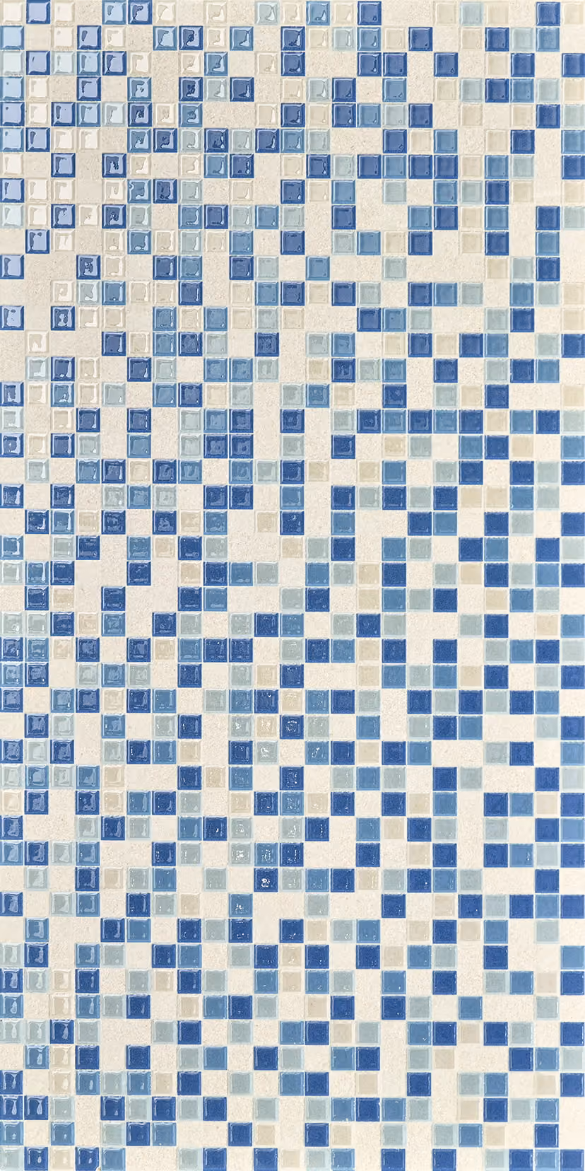 Mosaic tile pattern with small blue, light blue, and beige square tiles arranged irregularly on a white background.