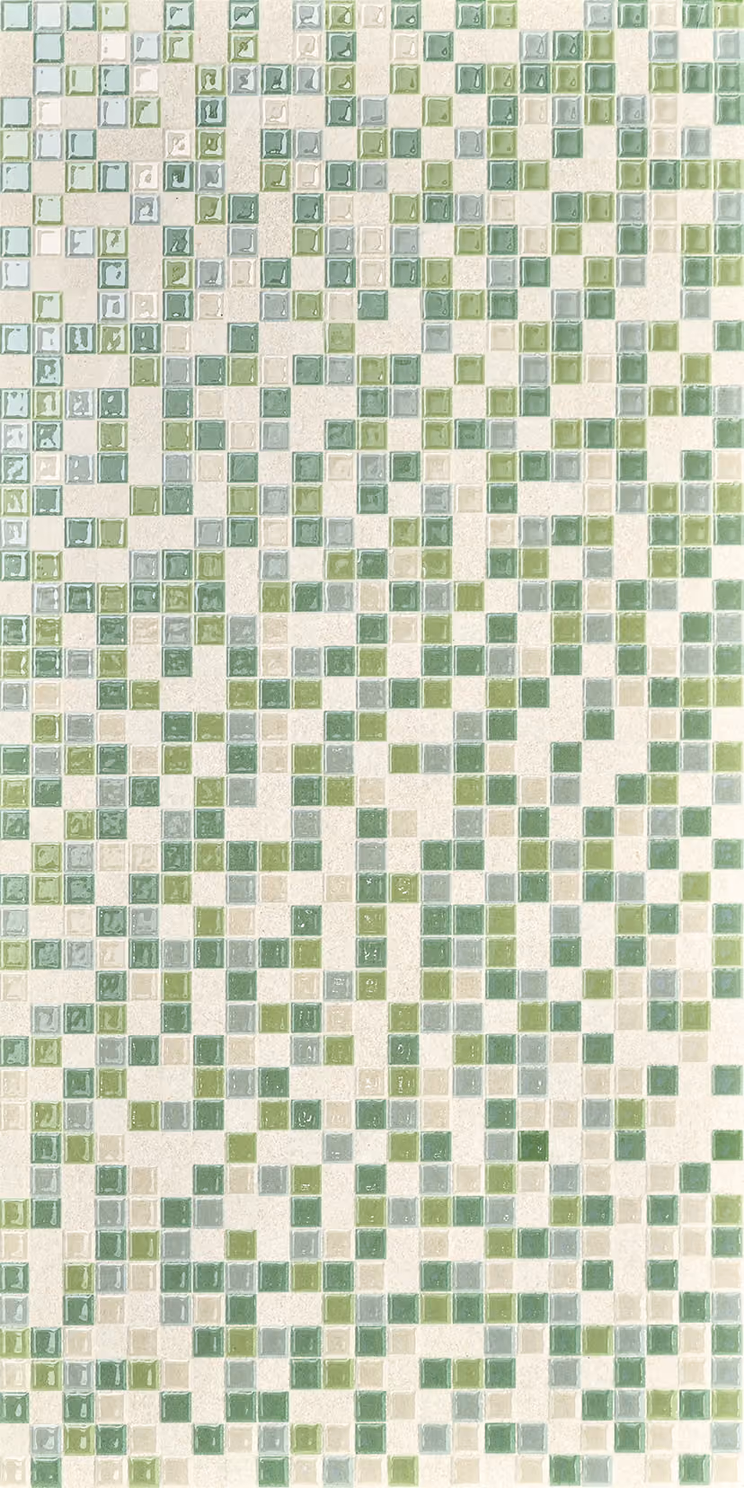 Wall covered with small square tiles in shades of green, blue, and beige in a random pattern.