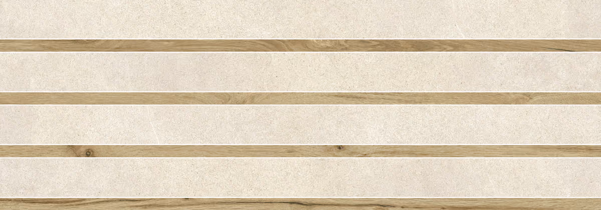 Pattern of horizontal beige stone tiles separated by thin wooden strips.