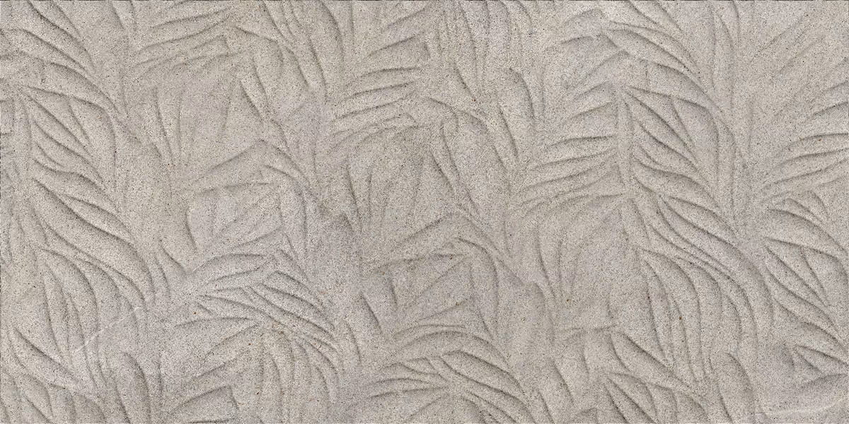 Grey textured surface with a pattern of abstract leaf shapes embossed across it.